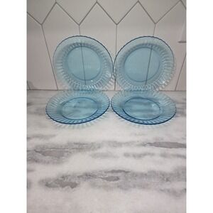 Fortecrisa‎ Ice Blue Luncheon Plates, Set of 4, 7" Scalloped Ribbed Plates, MCM